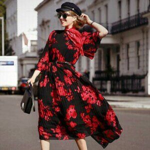 H&M Red and Black Floral Pleated Midi Dress